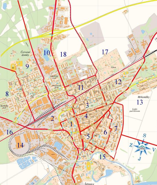 Mapa města Hodonín rozdělená do úseků